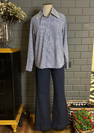 Blue Striped Shirt with Pearl Embellished Collar & Buttons