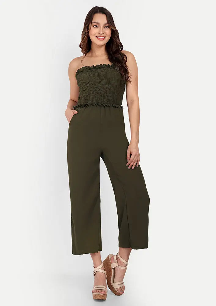 Army Green Off-Shoulder Wide Leg Jumpsuit IKI CHIC Private Ltd