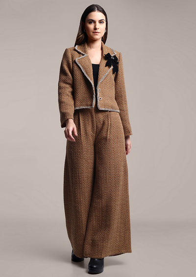 Brown Tweed Jacket with Swarovski Bow & Pants Set