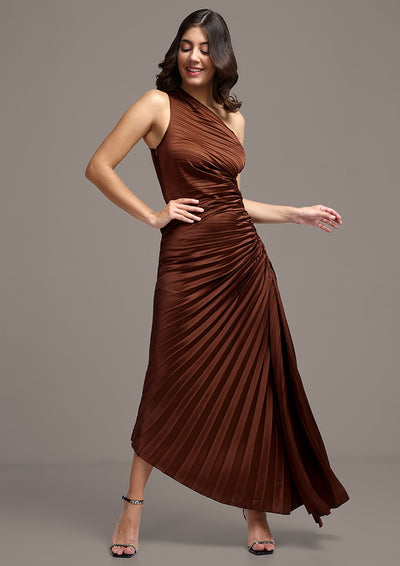Brown Solid Pleated One-Shoulder Satin Maxi Dress