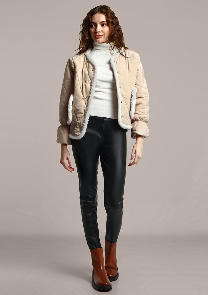 Beige Quilted Jacket With Soft Fur Detailing