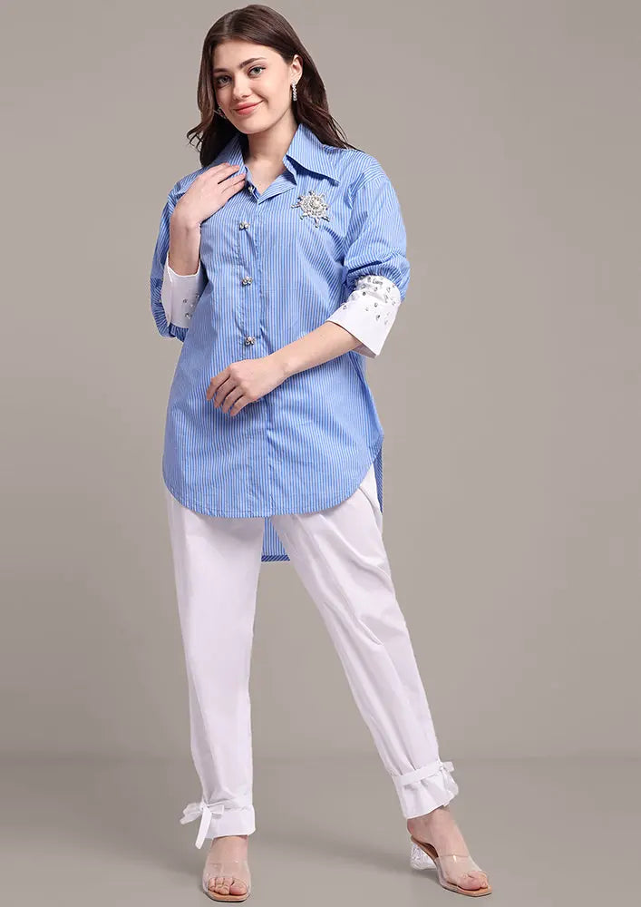 Blue Stripe High-Low Embellished Shirt With Tie-Up Pants IKI CHIC Private Ltd