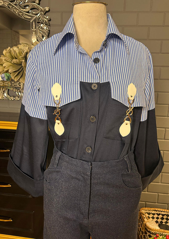 Stripe And Navy Blue Popplin Shirt