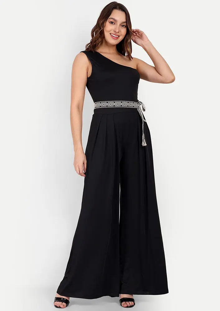 Black One Shoulder Wide Leg Jumpsuit IKI CHIC Private Ltd