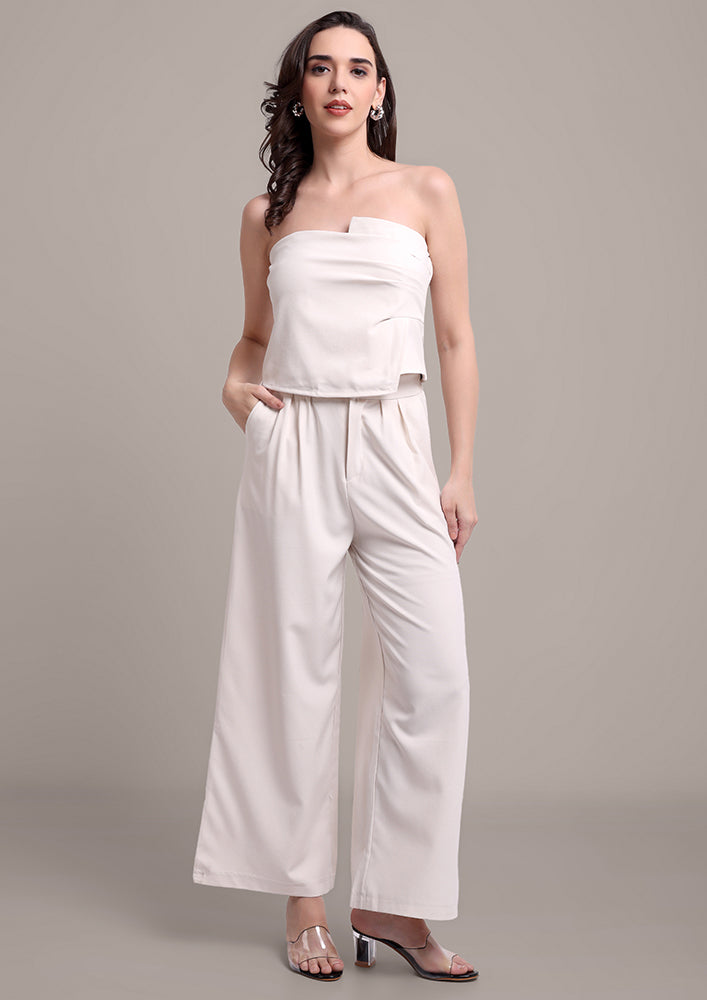 Off-White edgy tube top with wide leg pants set IKI CHIC Private Ltd.
