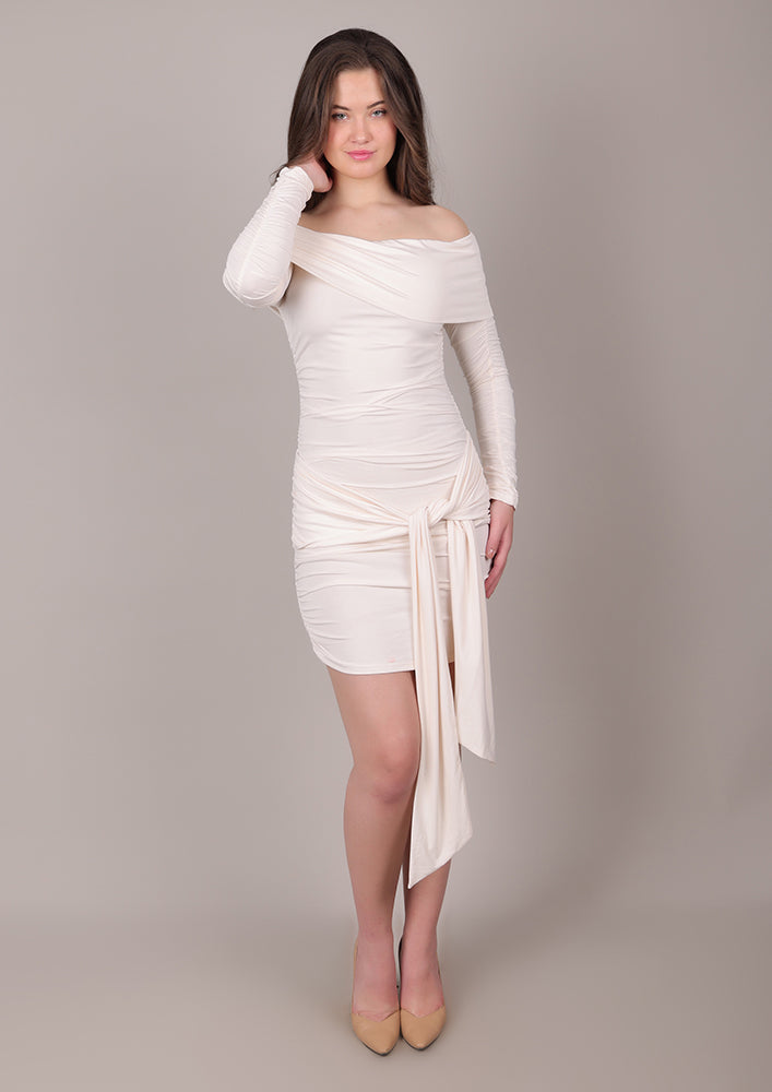 Cream Off-Shoulder Ruched Dress with Tie-Up