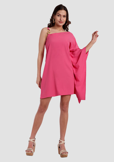 Pink Asymmetric Neck Kaftan Mini Dress