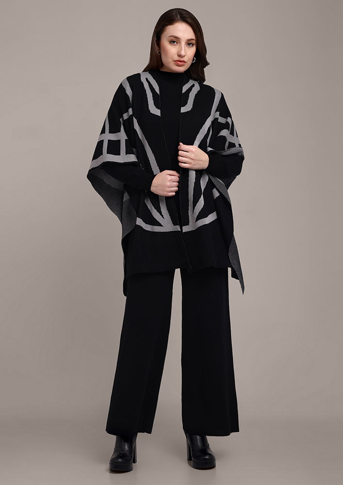 Black Long Sleeve Top With Kaftan Shrug And Pants Set