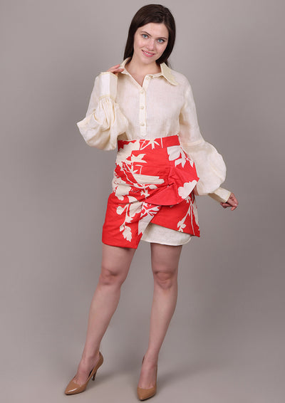 Beige Linen Shirt with Floral Wrap Skirt