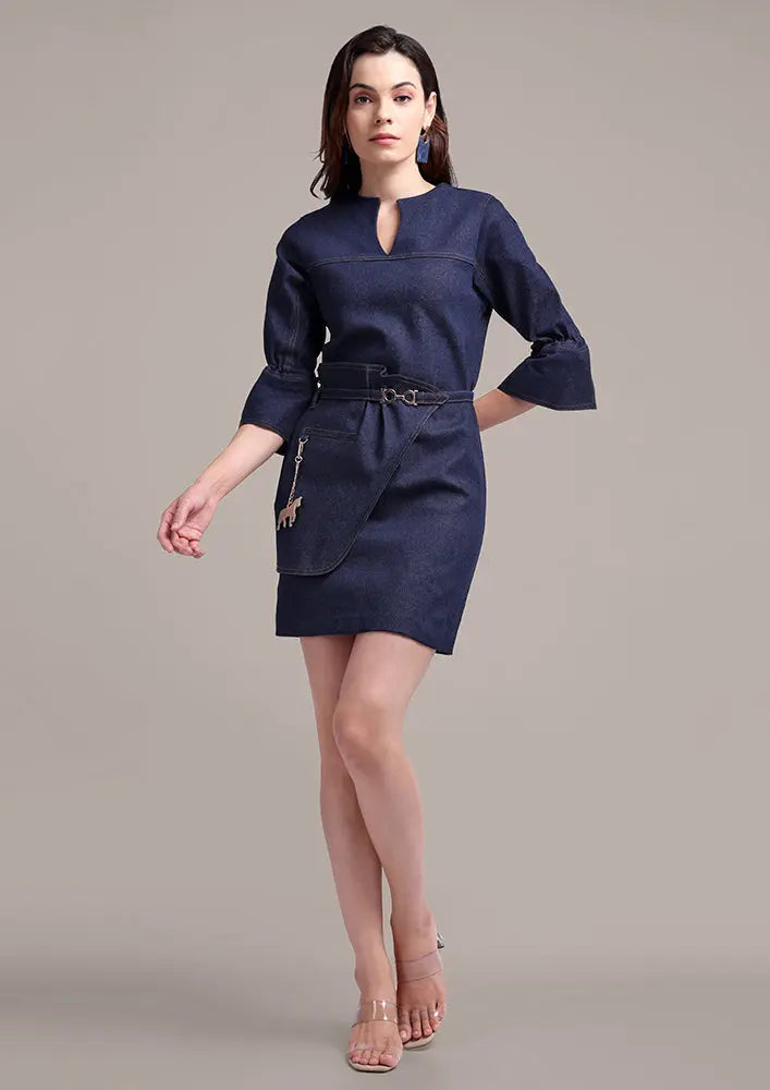 Blue Denim Mini Dress With a Stylish Side Flap Belt IKI CHIC Private Ltd