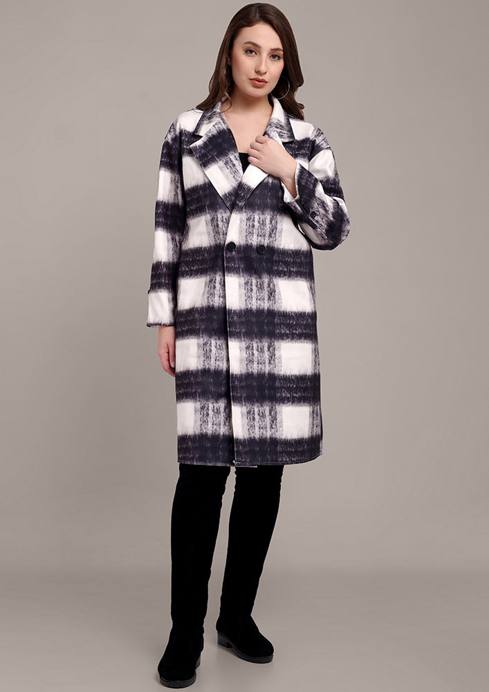 Black & White Checkered Wool Belted Coat