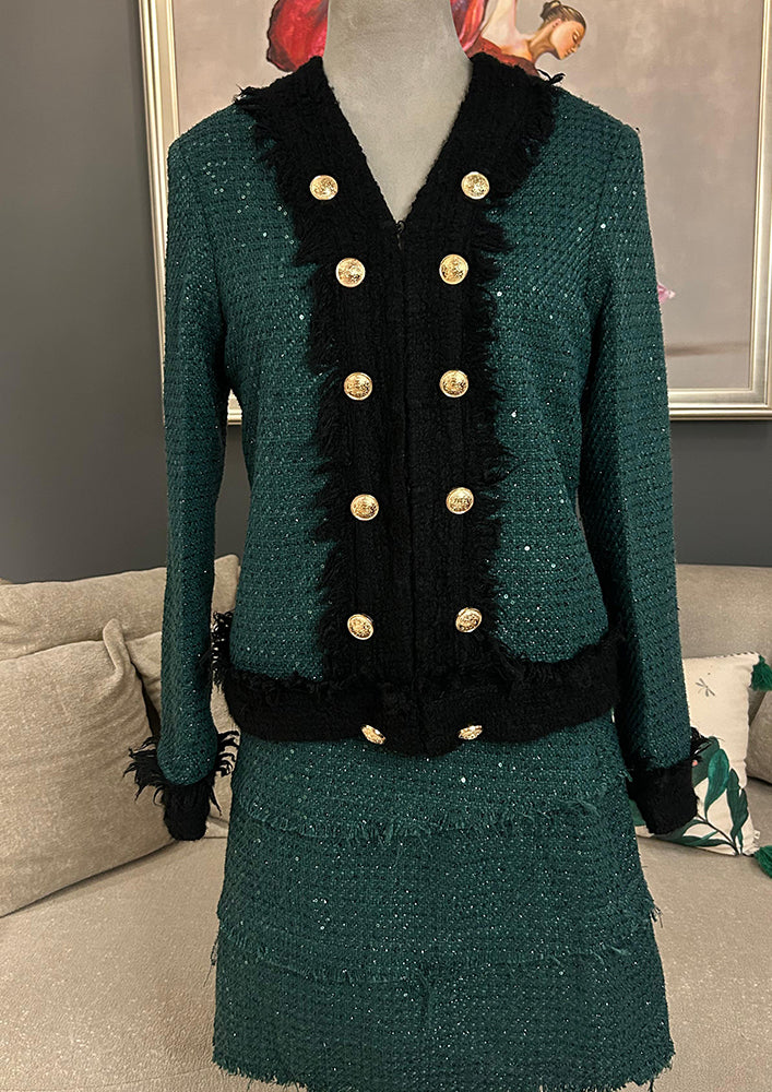 Green Tweed Jacket with A line skirt Set