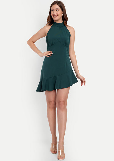 Green Halter Neck Mini Dress With Flared Ruffle Detailing