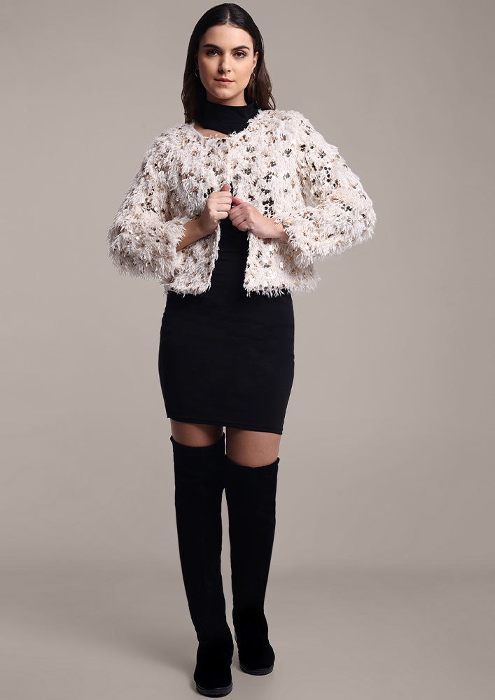 Fur Sequins front Open Cardigan