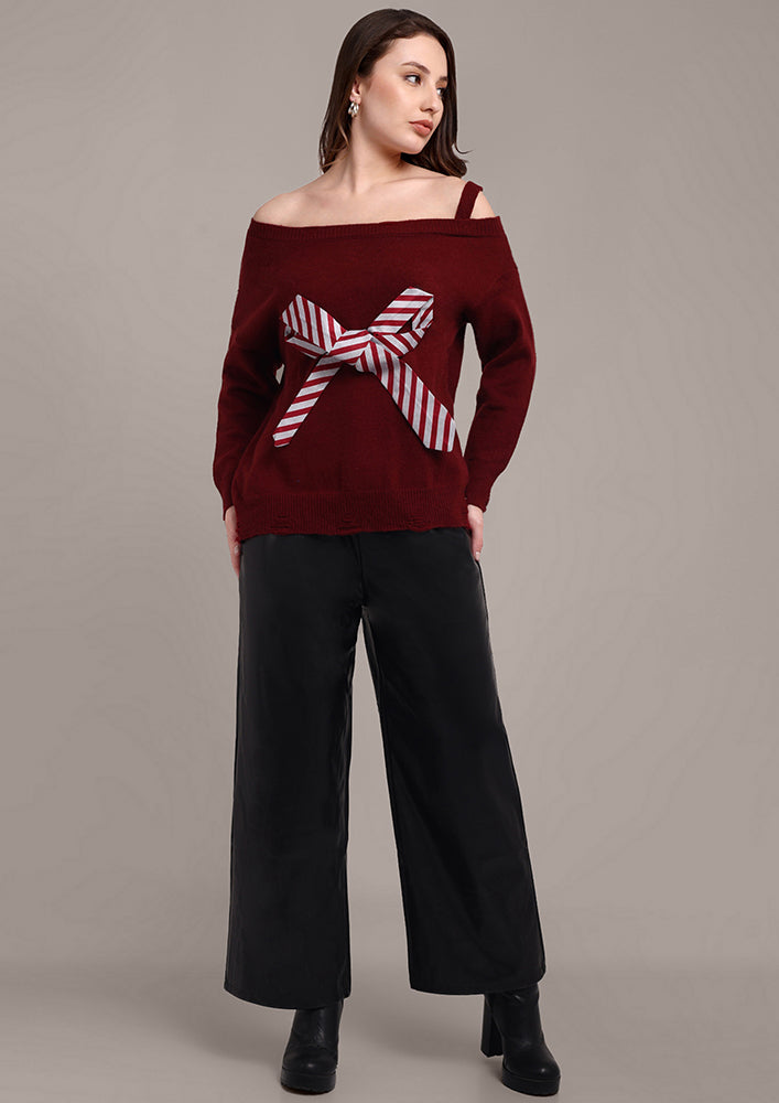 Maroon Knitted Sweater with Bow and Raw Hems