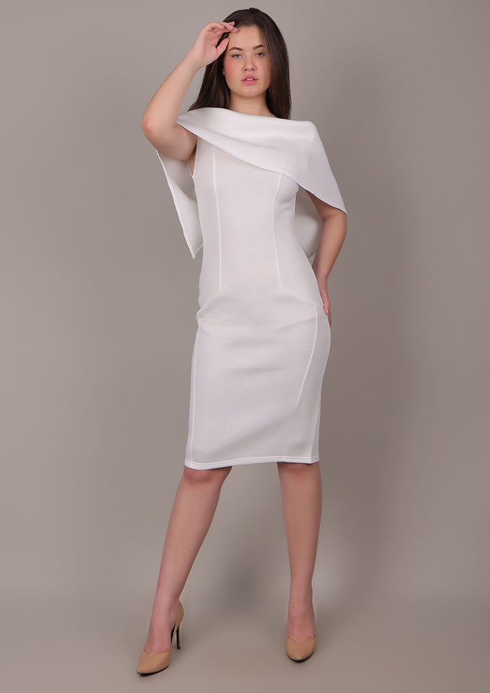 White Off-Shoulder Scuba Midi Dress