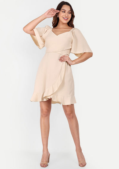Beige Wrap Skater Dress With Ruffle Detailing