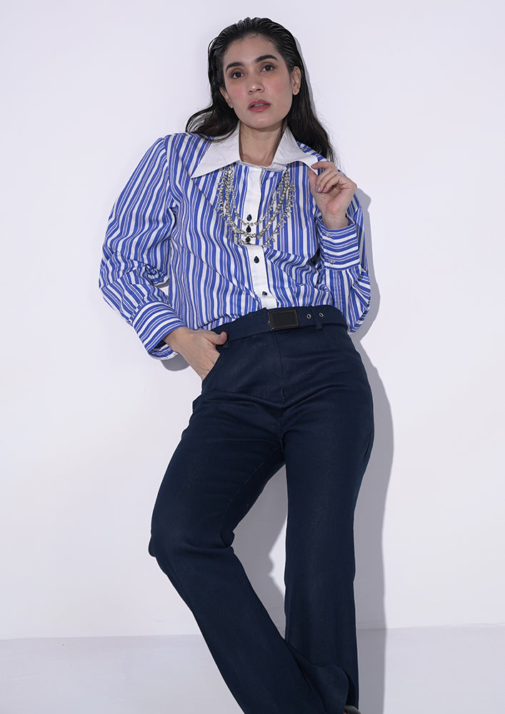 Blue Stripe Shirt with Swarovski Jewelry Design IKI CHIC Private Ltd.