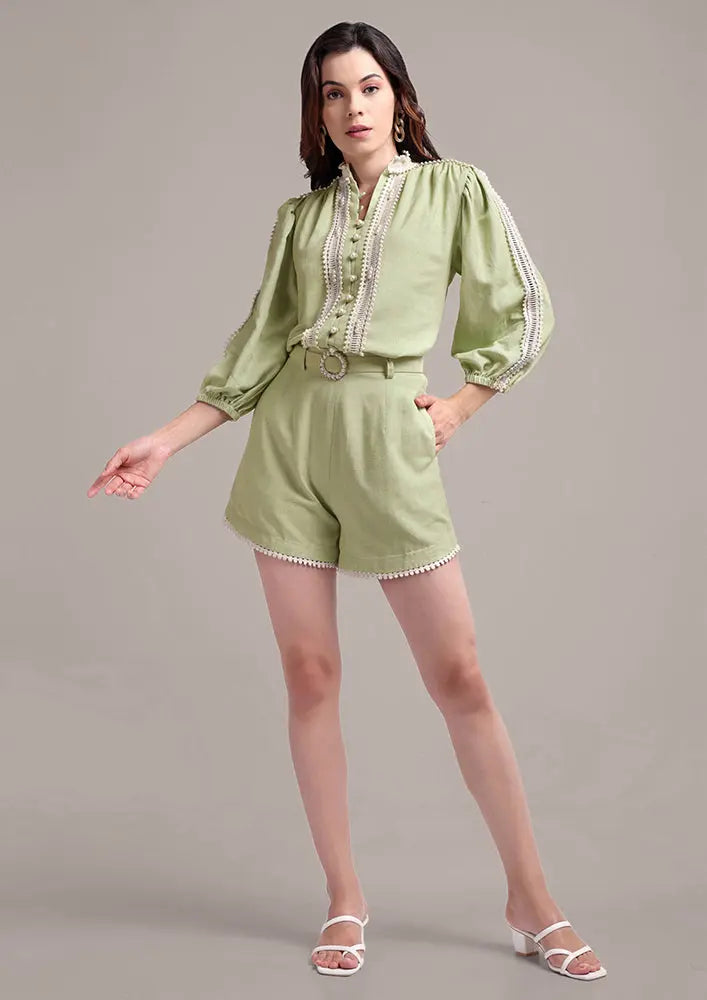 Pastel Green Lace Detailing  Shirt With High Waisted Shorts IKI CHIC Private Ltd