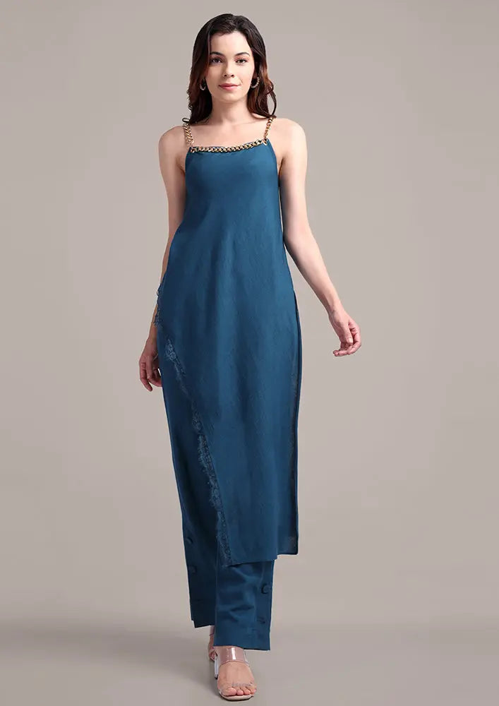Teal Blue Asymmetric Chain Strapped Top With High Waisted Pants IKI CHIC Private Ltd