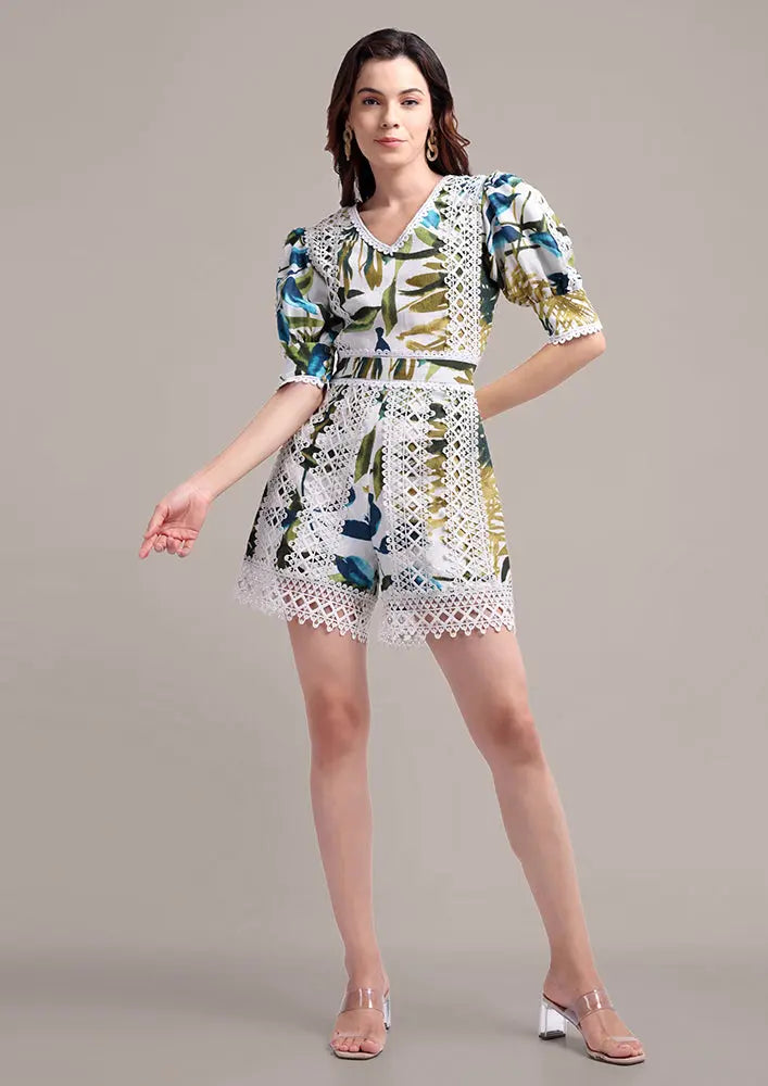 Tropical Print V-Neck Romper With Lace Detailing IKI CHIC Private Ltd