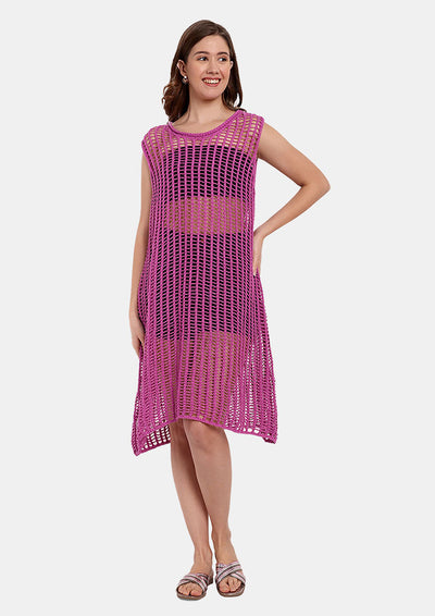 Purple Crochet Beach Coverup With A Boat Neckline And Sleeveless Design