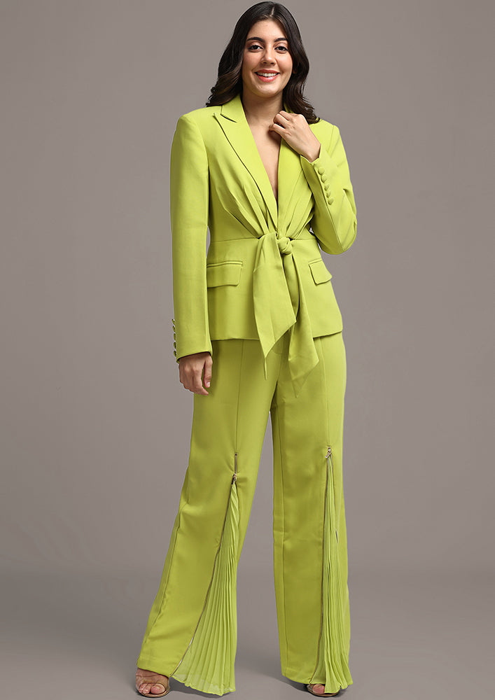 Women Green Shoulder Pad Front Tie Blazer And Flared Pant Sets