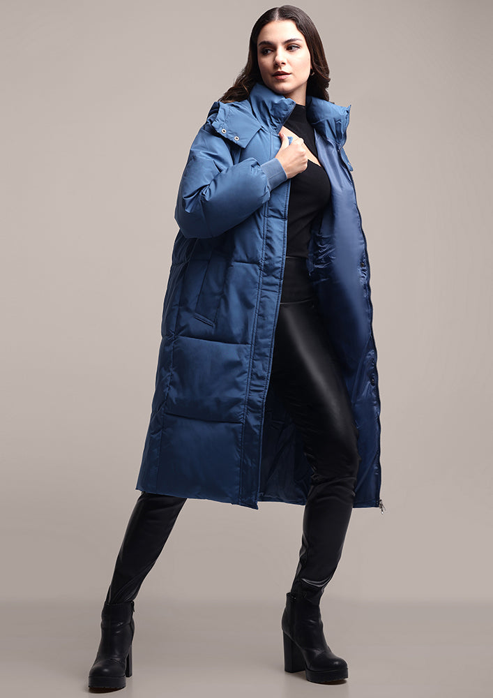 Blue Long Puffer Hooded Jacket