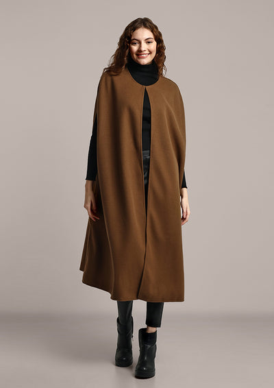Solid Brown Oversized Woolen Cape Coat