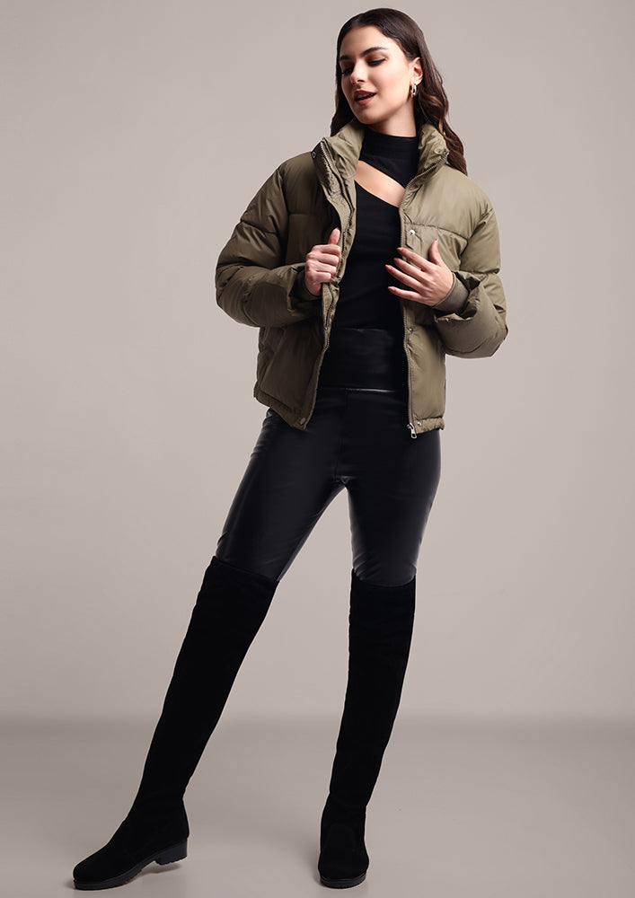 Olive Green Stand Collar Puffer Jacket