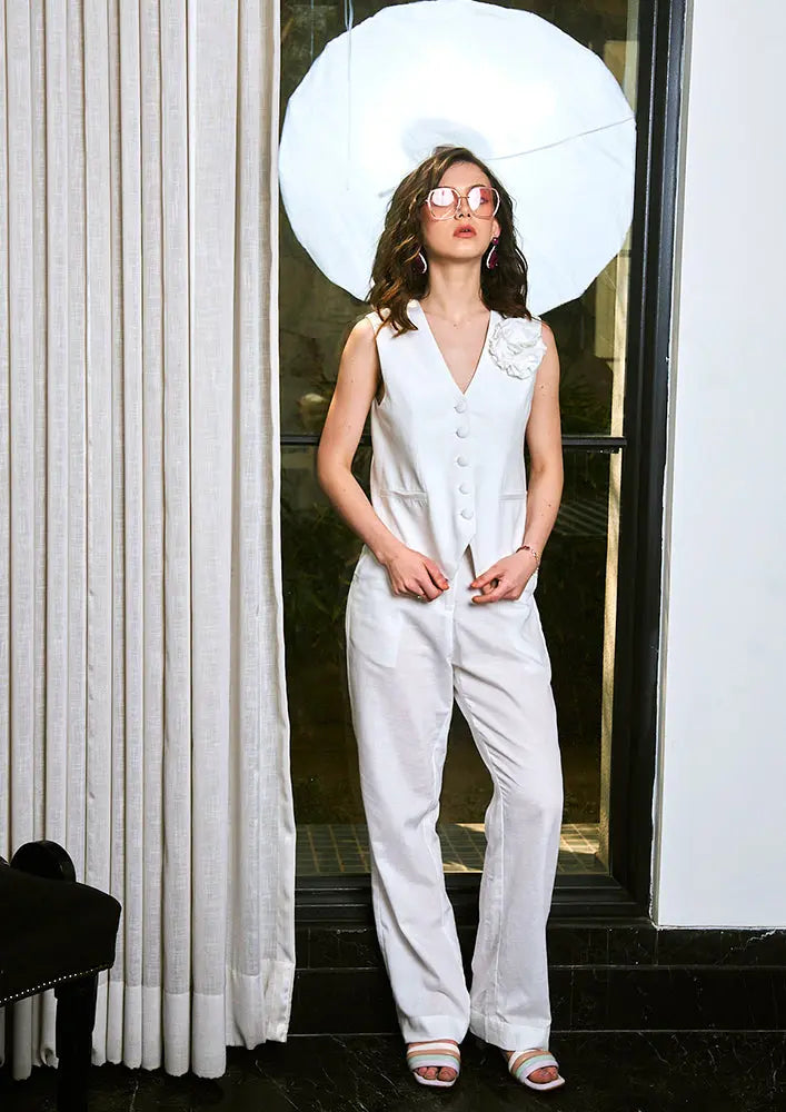 White Sleeveless Front Button-Up Vest With High Waisted Pants IKI CHIC Private Ltd