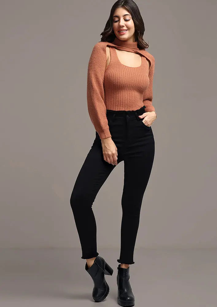 Brown Solid Two Piece Layered Jumper IKI CHIC Private Ltd