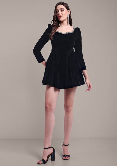 Black Velvet Fit-and-Flare Dress with Embellished Neckline