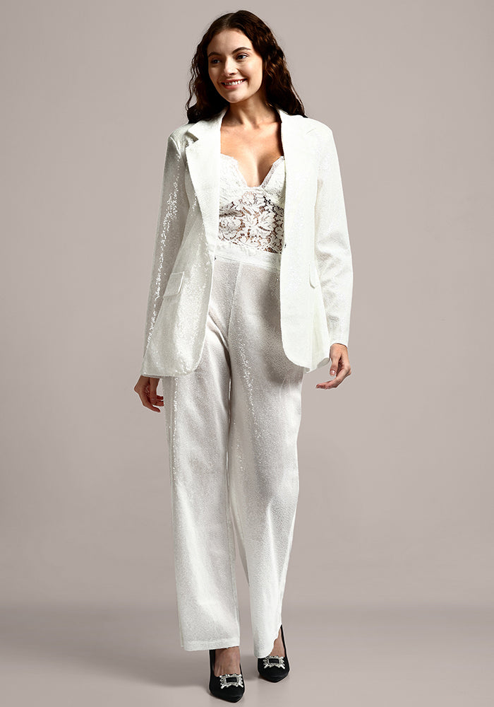 White Sequined V Neck Blazer With Pants Women Suit.