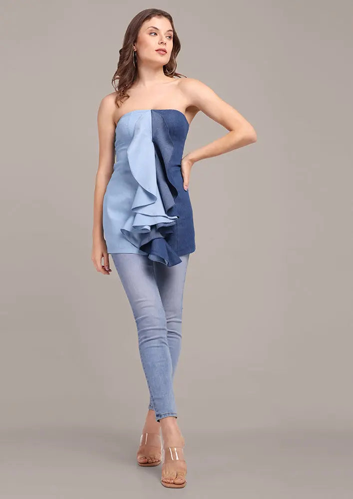 Blue Color-blocked Ruffled Tube Top IKI CHIC Private Ltd