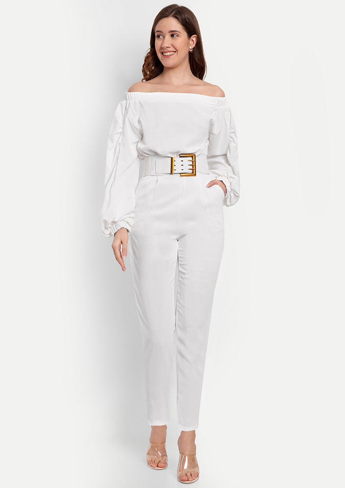 White Straight Legged Jumpsuit With An Elasticated Boat Neckline