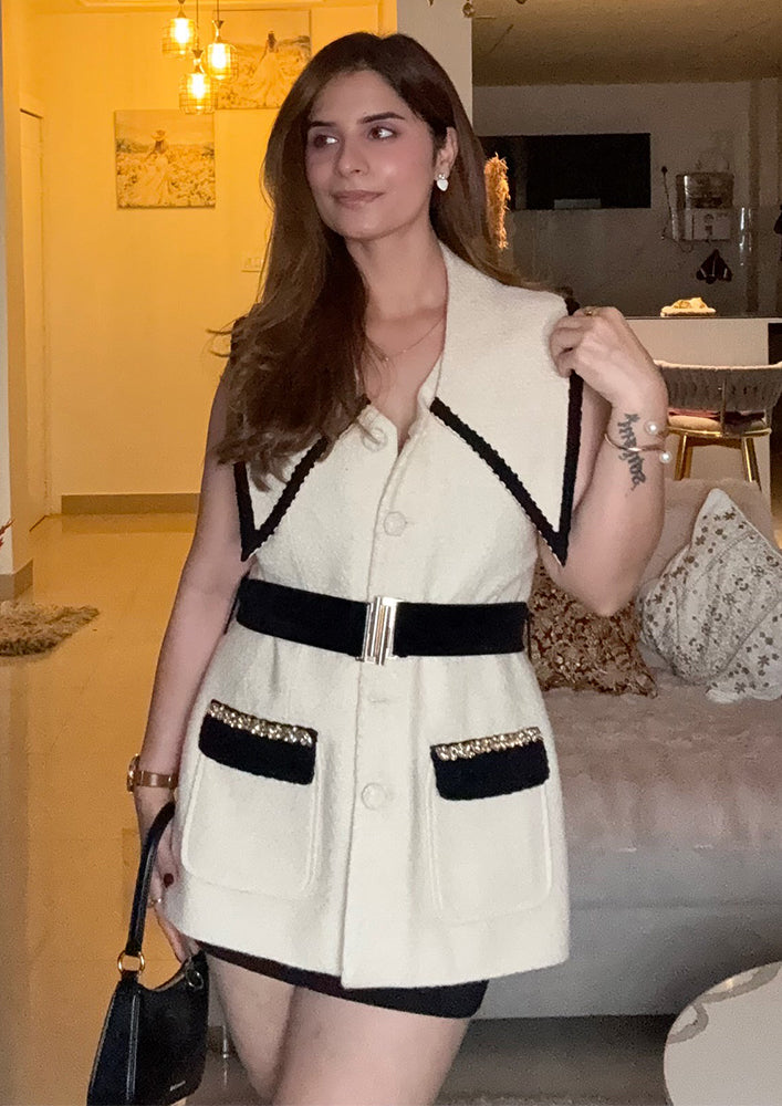 Off White Woolen Vest With Black Lace, Embleshment Detailing And Belt