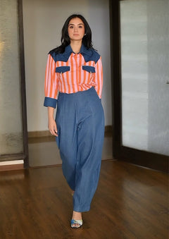 Denim Yoke Orange & Pink Striped Shirt with Barrel Pant Set