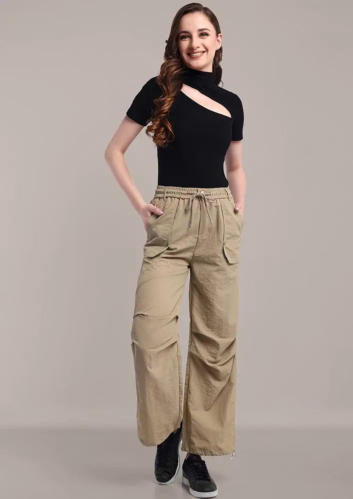 Beige Cargo Pants with Waist and Hem Strings IKI CHIC Private Ltd
