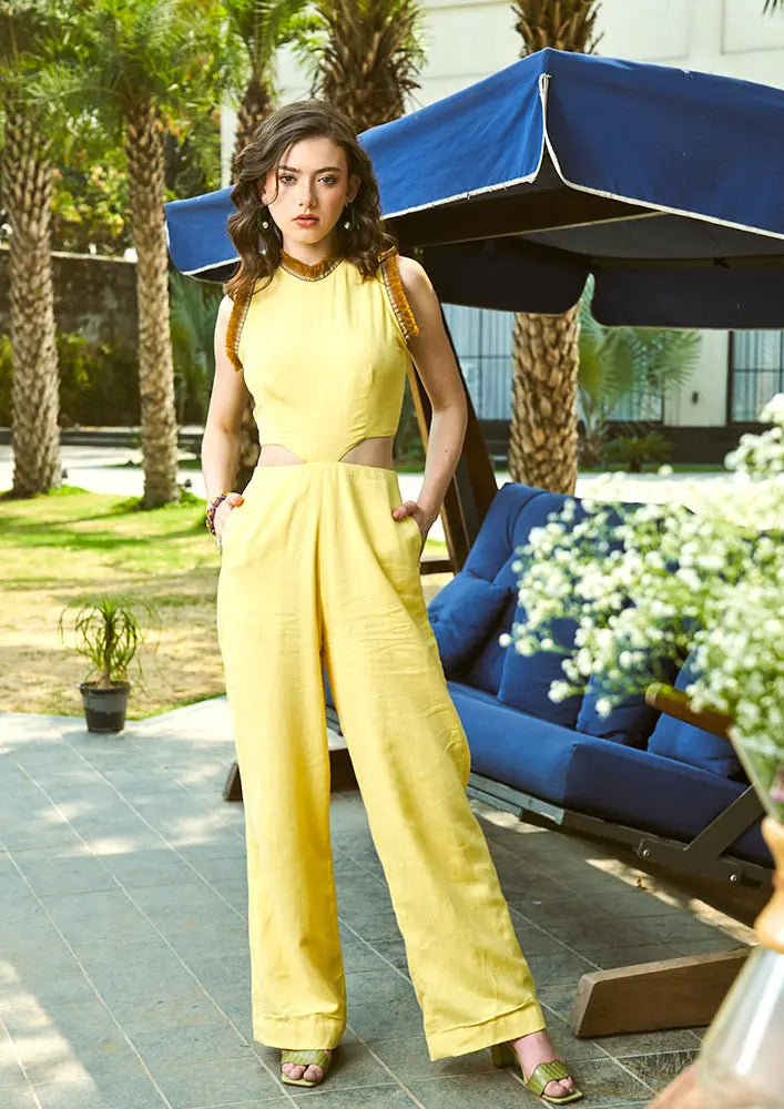 Yellow Halterneck Cut Out Design Sleeveless Linen Jumpsuit IKI CHIC Private Ltd