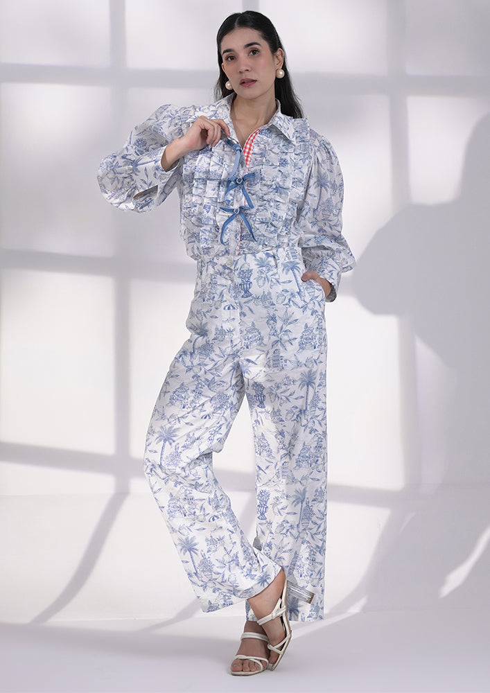 Blue printed ruffle shirt with bows and loose pant IKI CHIC Private Ltd.