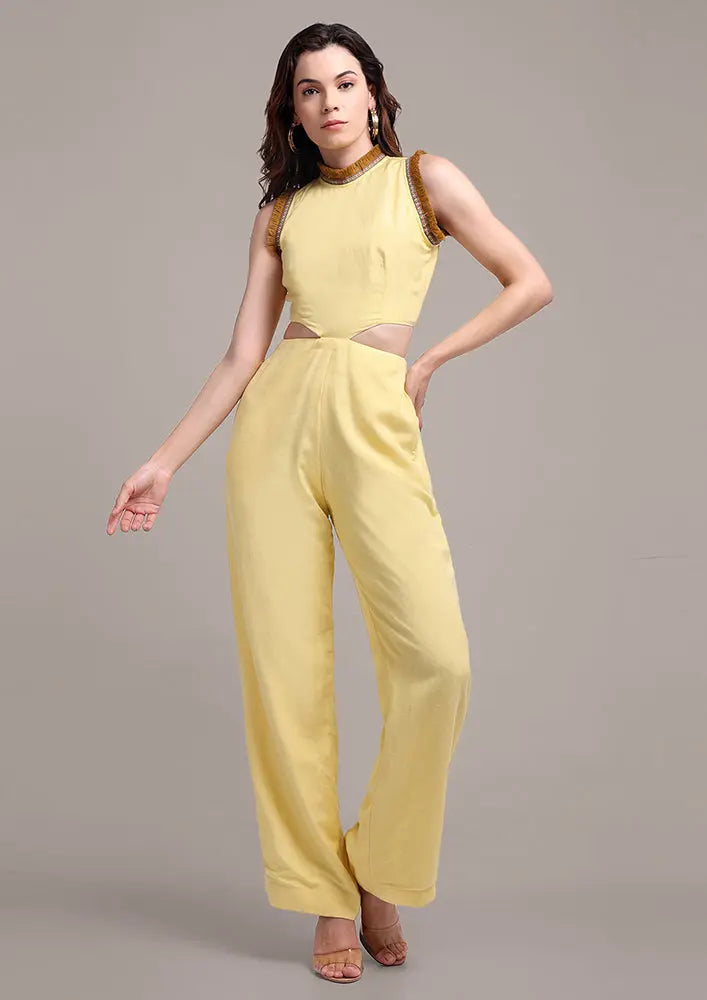 Yellow Halterneck Cut Out Design Sleeveless Linen Jumpsuit IKI CHIC Private Ltd