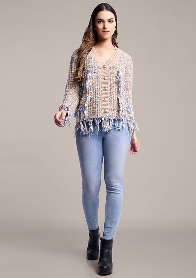 Beige Woolen Cardigan with Fringe Details