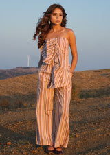 Woman in a striped print co-ord set outfit  Wide Leg Trouser Set
