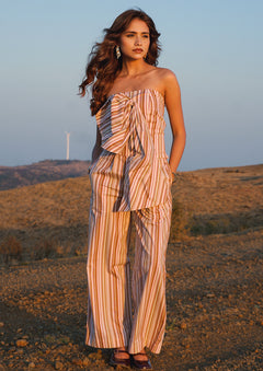 Woman in a striped print co-ord set outfit  Wide Leg Trouser Set