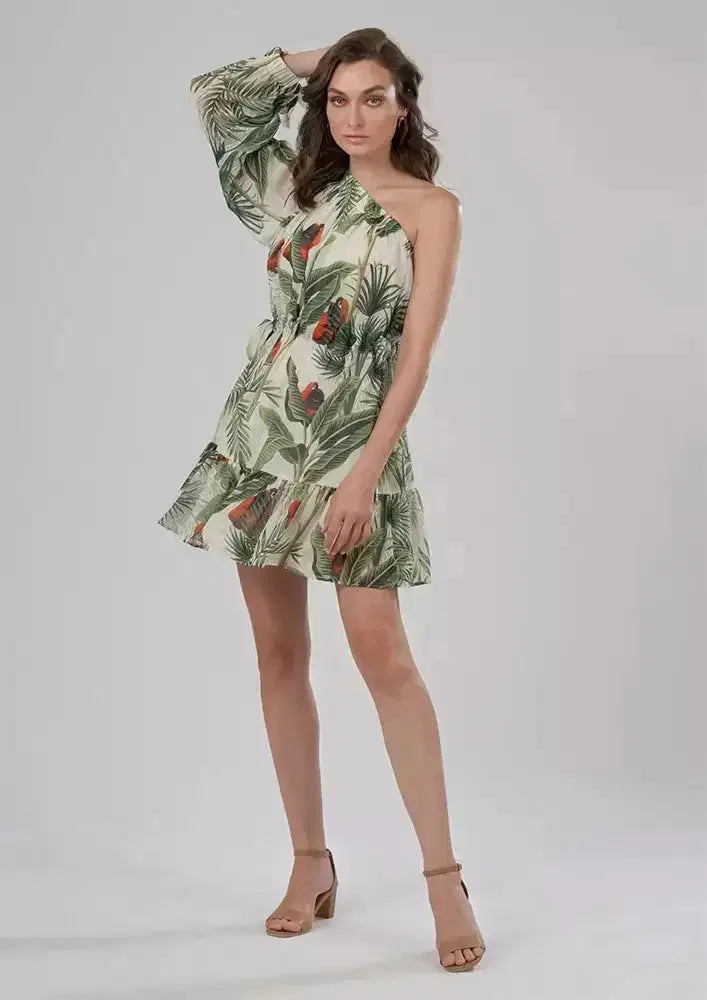Langoor Safari Print One Shoulder Tie Waist Skater Dress