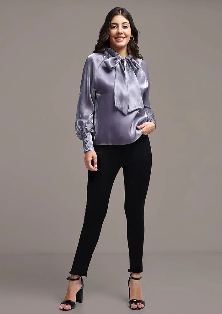 Satin Cuffed Sleeve Neck Tie-up Top IKI CHIC Private Ltd