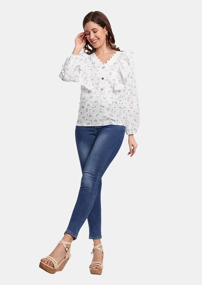 White Floral Printed Schiffli Blouse With V-Neckline With Ruffle Detailing IKI CHIC Private Ltd