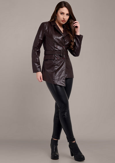 Dark Brown Leather Jacket with Buckle Belt