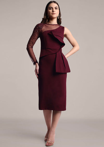 Maroon Scuba Midi Dress with Embellished Net Sleeve